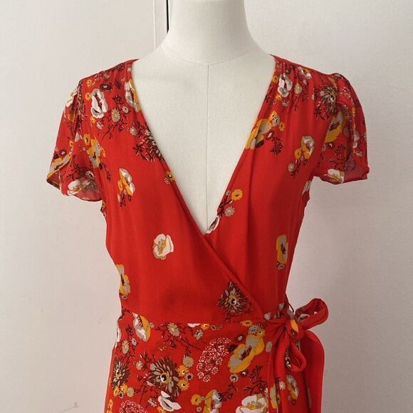 Free People Orange Red Floral Jess Wrap Midi Dress Size XS - Picture 3 of 12